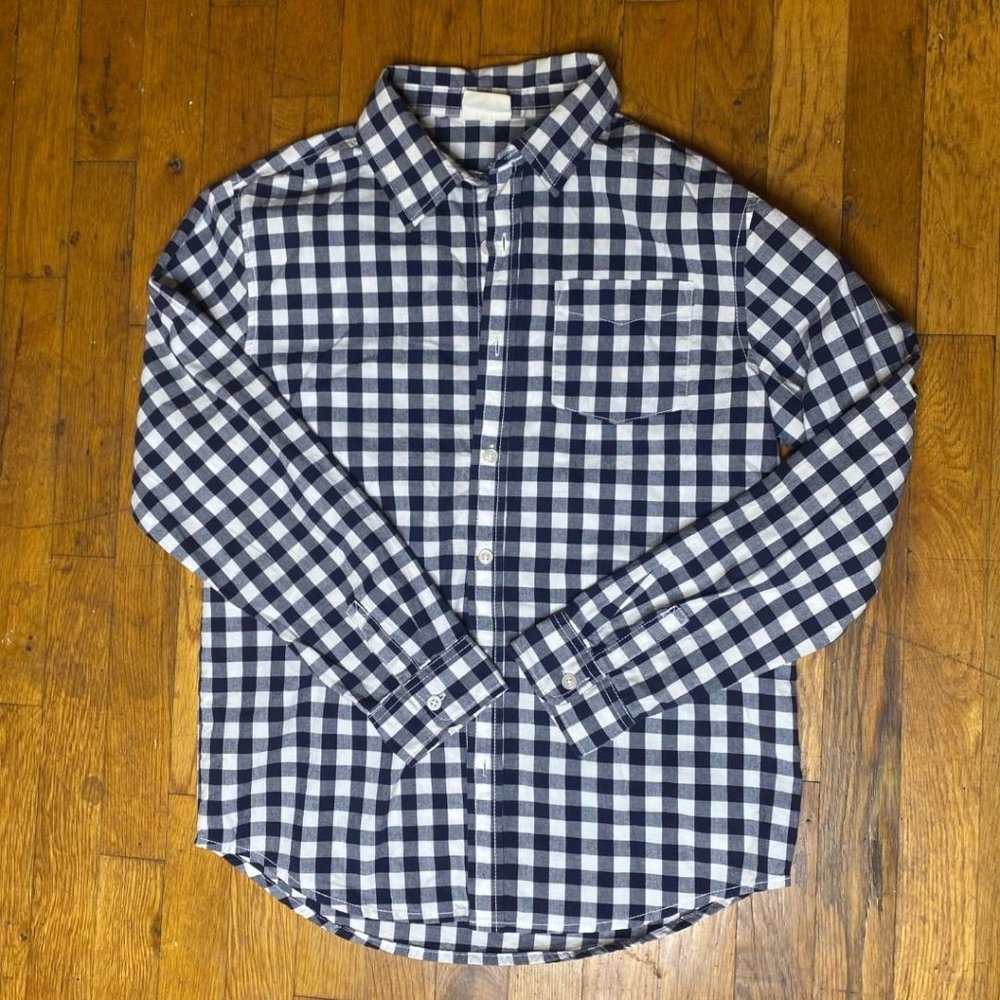 Boys' 100% Cotton Button Down Gingham  Long-sleeve Black/ White Shirt XL(14)